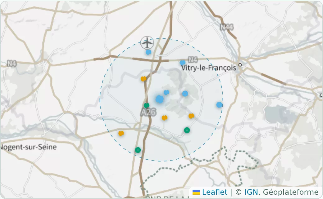 Aperçu du service : les projets d'un rayon autour d'une commune, posés sur la carte